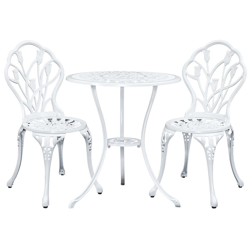 3PC Outdoor Setting Bistro Set Chairs Table Cast Aluminum Patio Furniture Tulip White - Furniture > Outdoor - Bedzy Australia