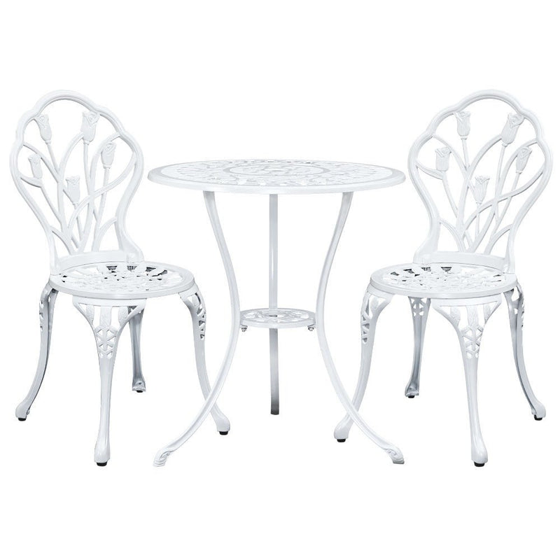 3PC Outdoor Setting Bistro Set Chairs Table Cast Aluminum Patio Furniture Tulip White - Furniture > Outdoor - Bedzy Australia