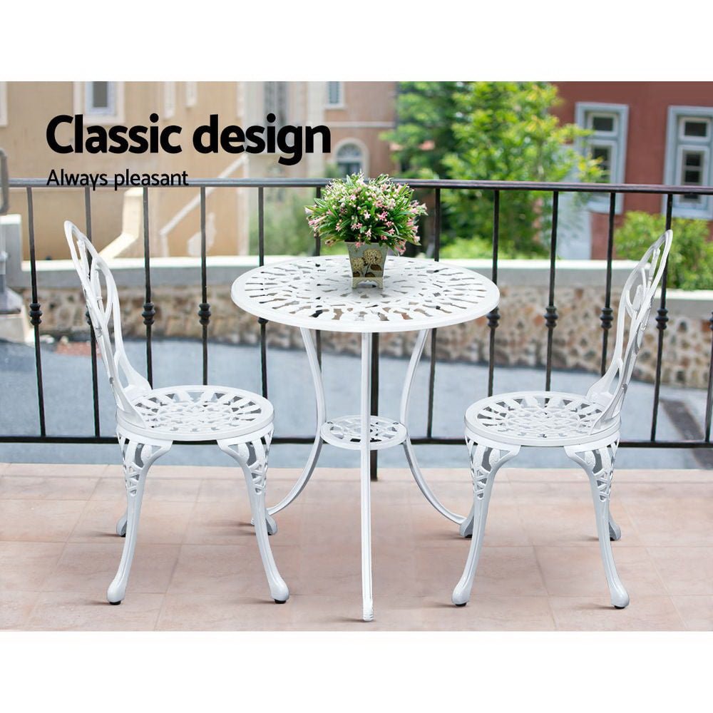 3PC Outdoor Setting Bistro Set Chairs Table Cast Aluminum Patio Furniture Tulip White - Furniture > Outdoor - Bedzy Australia