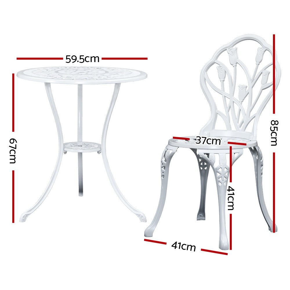 3PC Outdoor Setting Bistro Set Chairs Table Cast Aluminum Patio Furniture Tulip White - Furniture > Outdoor - Bedzy Australia