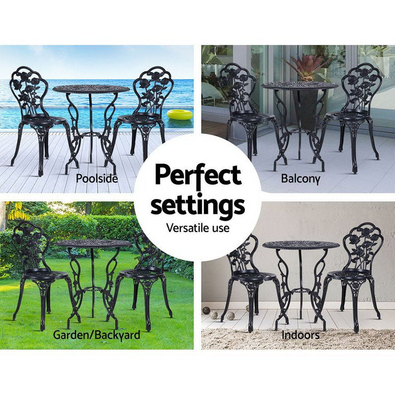3PC Outdoor Setting Bistro Set Chairs Table Cast Aluminum Rose Black - Furniture > Outdoor - Bedzy Australia