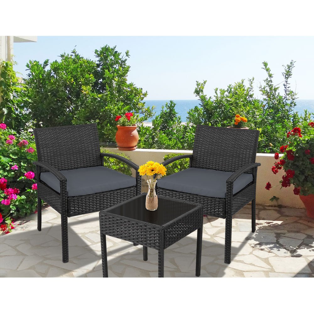 3PC Patio Furniture Bistro Set Wicker Outdoor Lounge Setting Black - Furniture > Outdoor - Bedzy Australia