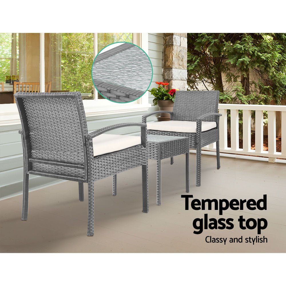 3PC Patio Furniture Bistro Set Wicker Outdoor Lounge Setting Grey - Furniture > Outdoor - Bedzy Australia