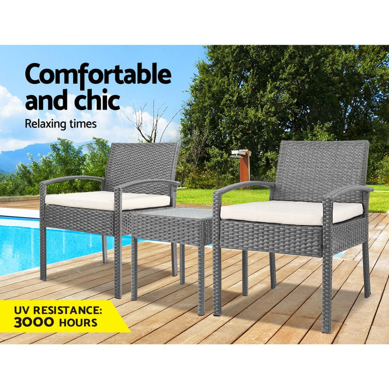 3PC Patio Furniture Bistro Set Wicker Outdoor Lounge Setting Grey - Furniture > Outdoor - Bedzy Australia