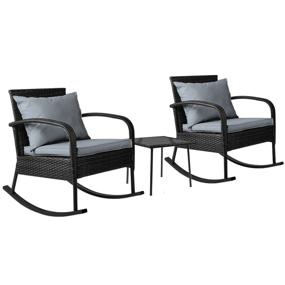 3PC Rocking Chair Table Wicker Outdoor Furniture Patio Bistro Set Black - Furniture > Outdoor - Bedzy Australia