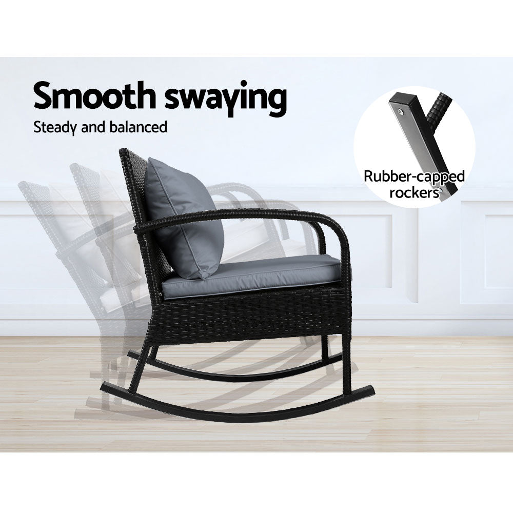 3PC Rocking Chair Table Wicker Outdoor Furniture Patio Bistro Set Black - Furniture > Outdoor - Bedzy Australia