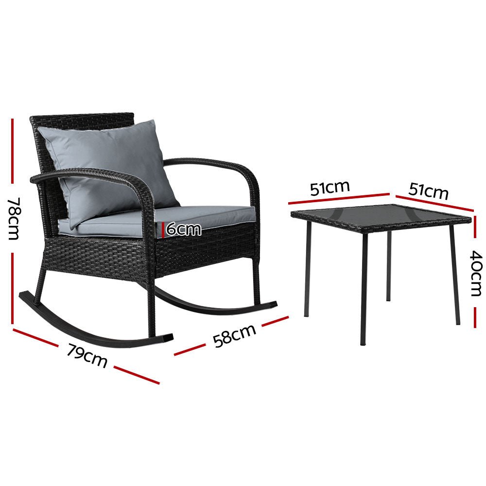 3PC Rocking Chair Table Wicker Outdoor Furniture Patio Bistro Set Black - Furniture > Outdoor - Bedzy Australia