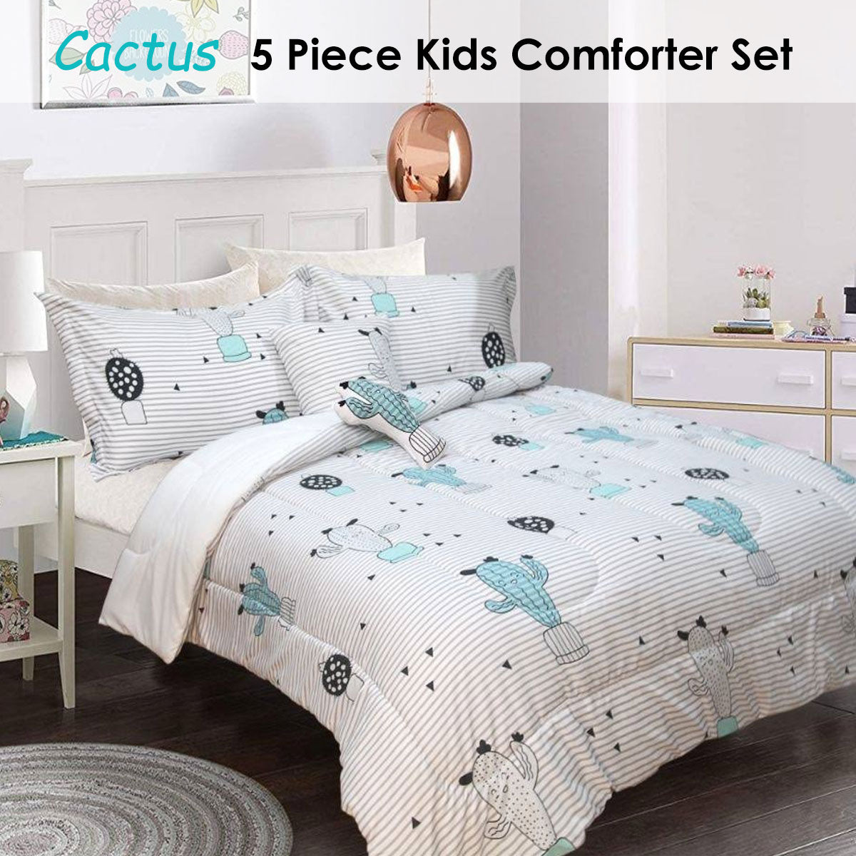 5 Piece Kids Comforter Set Cactus Single - Home & Garden > Bedding - Bedzy Australia