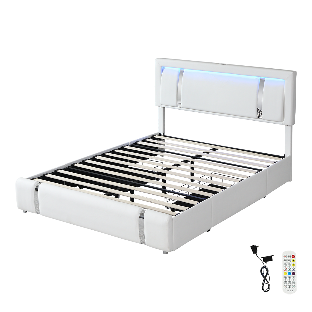 King Package | Brighton LED Storage Bed Frame White & Serenity Euro Top Mattress (Medium Firm)