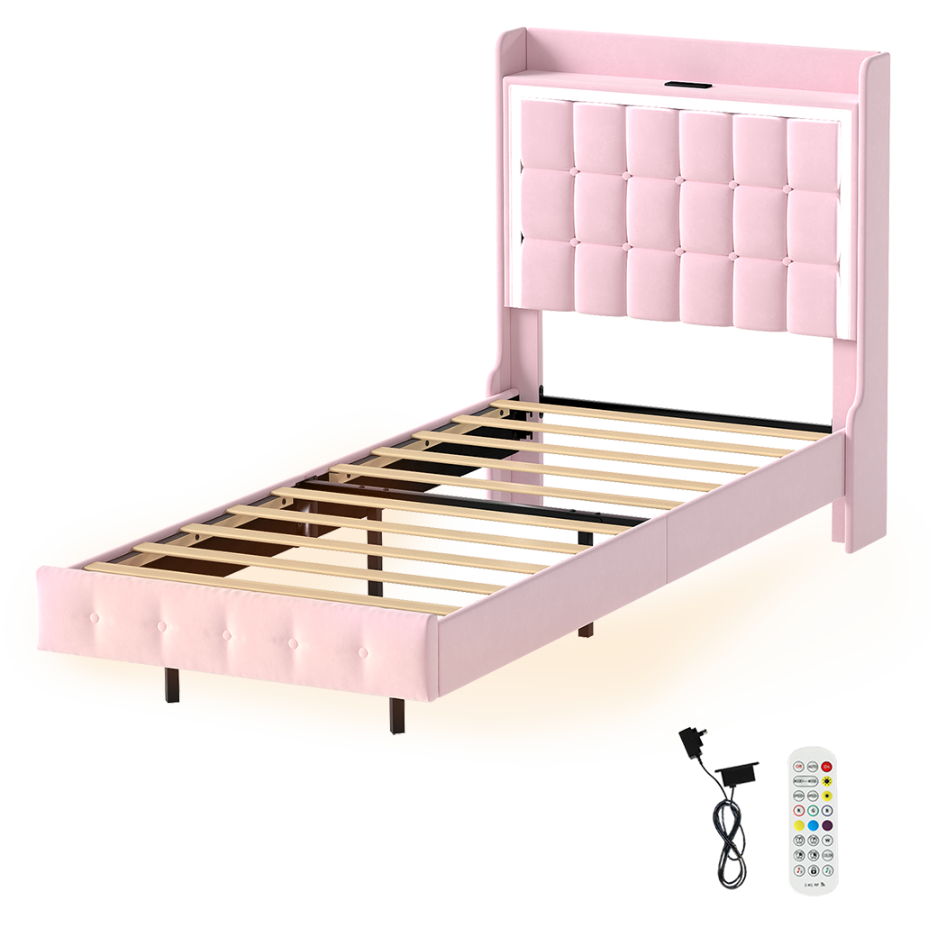 Levede Single Floating Bed Frame LED Headboard USB Pink-1996009956679225352