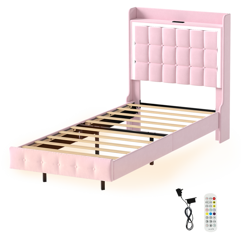 Levede Single Floating Bed Frame LED Headboard USB Pink-1996009956679225352