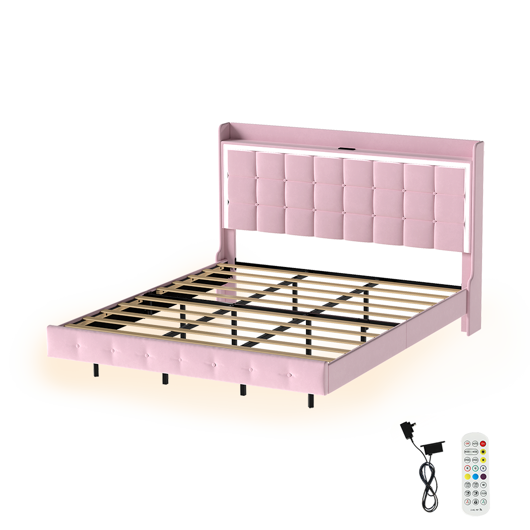 Levede King Floating Bed Frame LED Headboard USB Pink-1996009956473704456