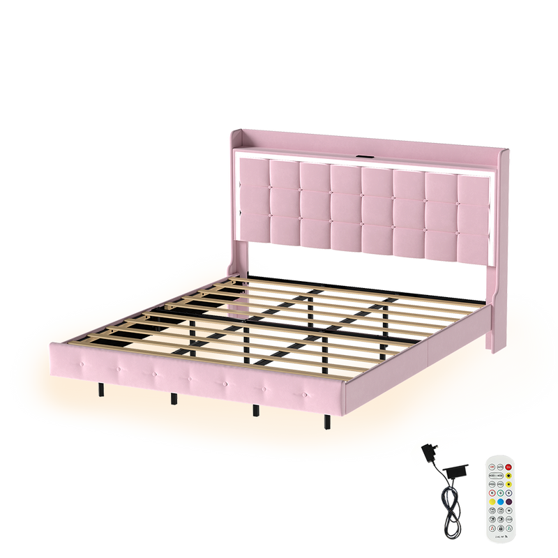 Levede King Floating Bed Frame LED Headboard USB Pink-1996009956473704456
