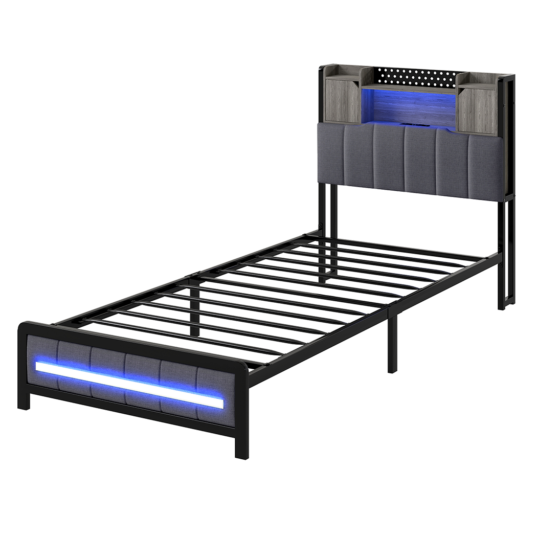 Single Package | Elmore LED Bed Frame Grey & Glay Bonnell Spring Mattress (Medium Firm)