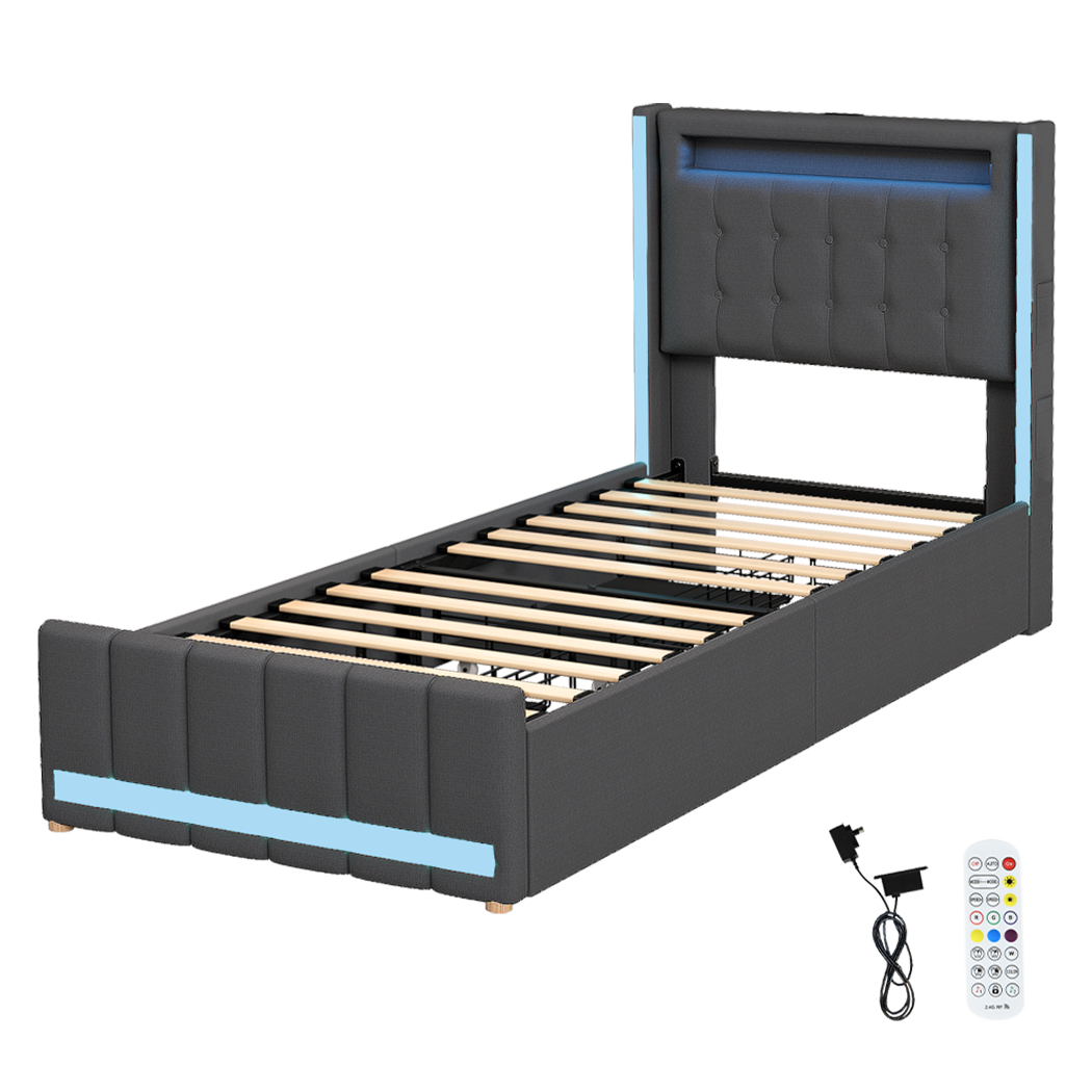 Levede Single Bed Frame Fabric Storage Drawer LED USB-1973194180901605384