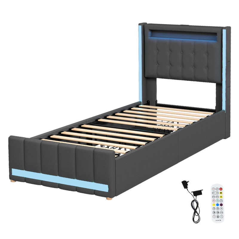 Levede Single Bed Frame Fabric Storage Drawer LED USB-1973194180901605384