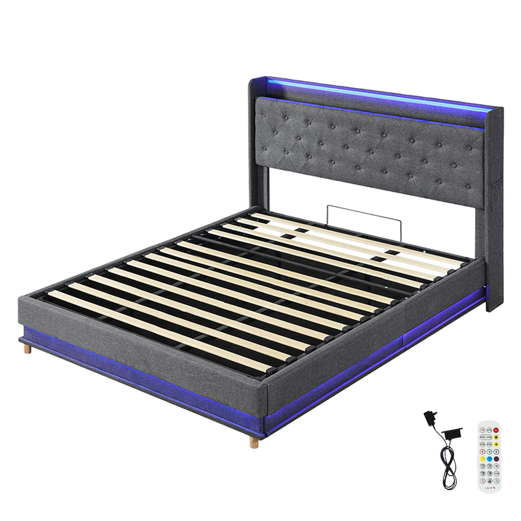 King Package | Mitchell LED Gas Lift Storage Bed Grey & Serenity Euro Top Mattress (Medium Firm)