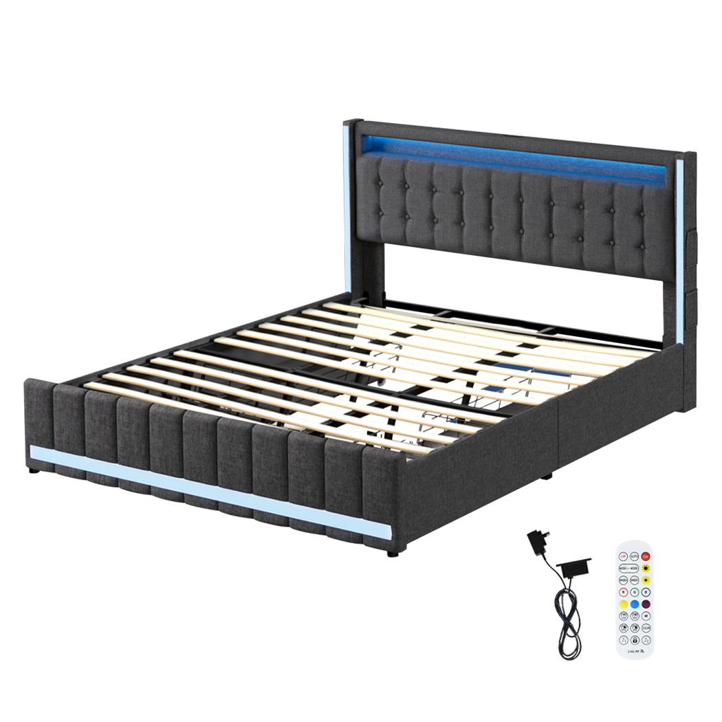 Levede King Bed Frame Fabric Storage Drawer LED USB-1973194180704473096