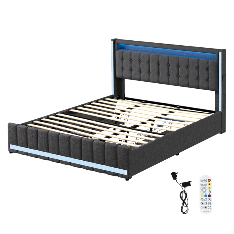 Levede King Bed Frame Fabric Storage Drawer LED USB-1973194180704473096