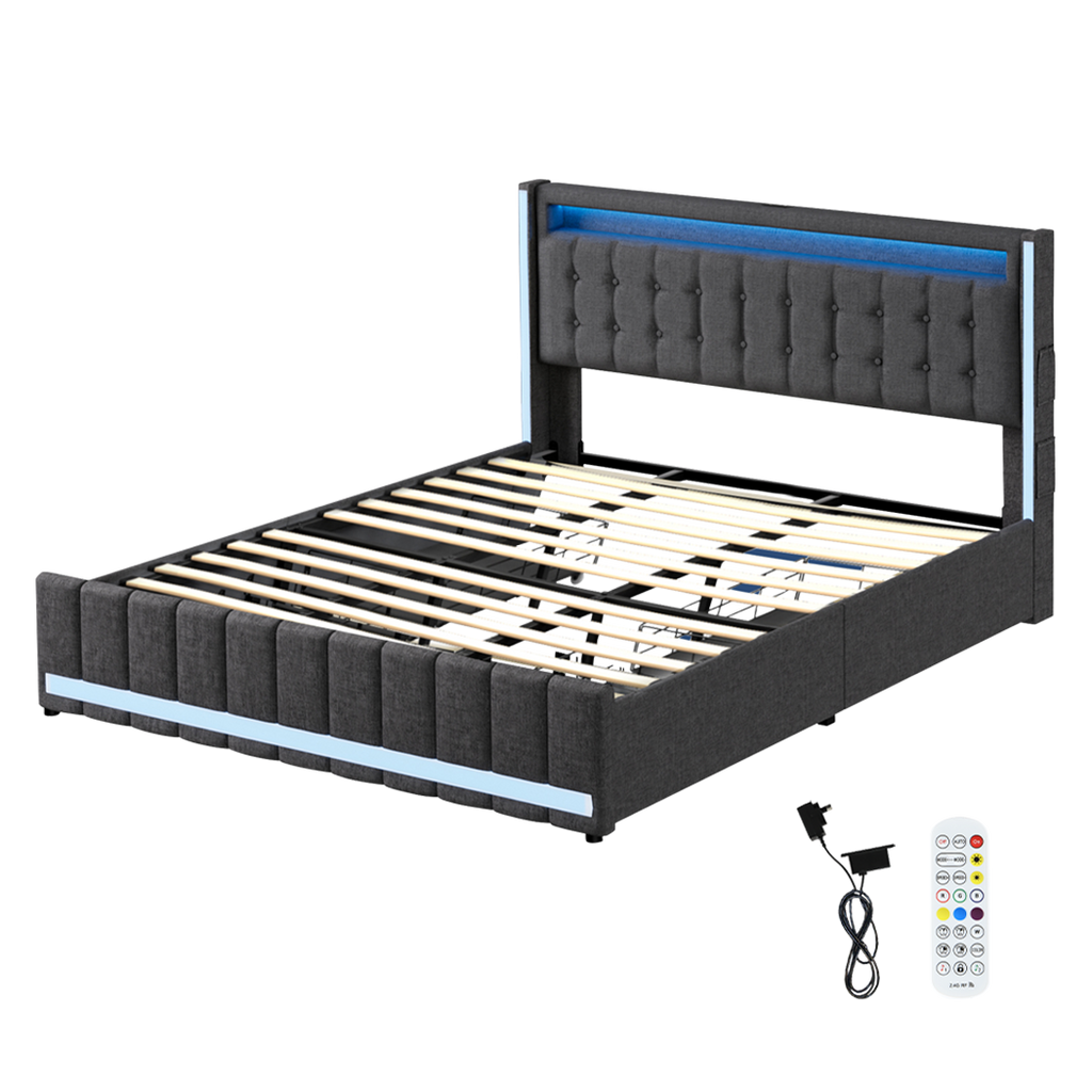 Levede King Bed Frame Fabric Storage Drawer LED USB-1973194180704473096