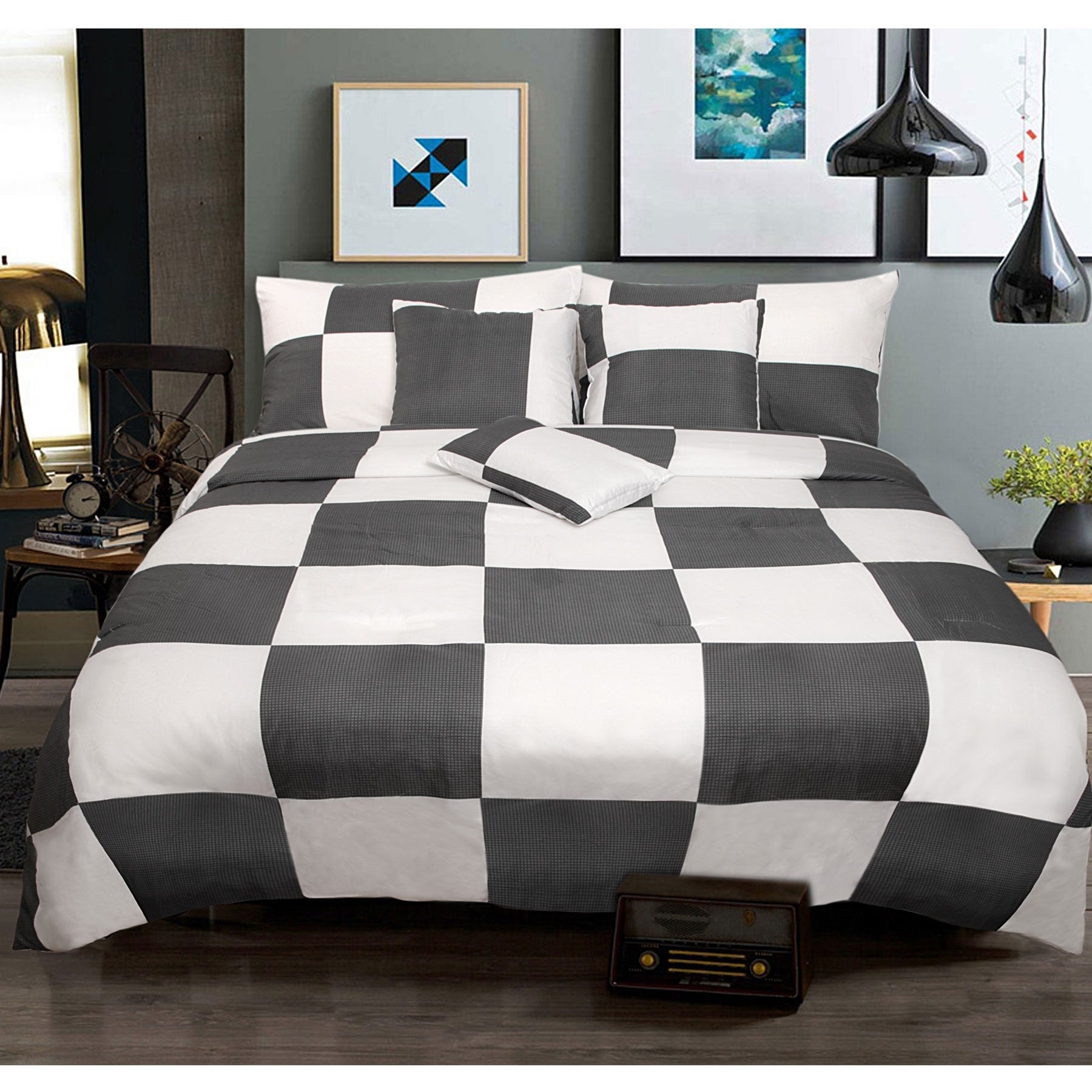 6 Piece Comforter Set Check Charcoal Queen by Shangri La - Home & Garden > Bedding - Bedzy Australia