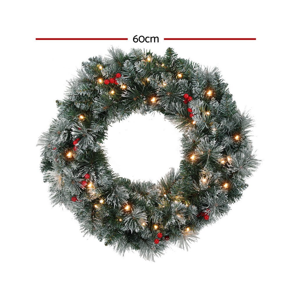 60cm Christmas Wreath LED Lights Snowy Flowers Garland Party Decor - Occasions > Christmas > Christmas Wreaths & Garlands - Bedzy Australia
