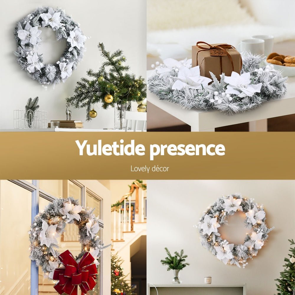 60cm Christmas Wreath LED Lights Snowy Flowers Garland Party Decor - Occasions > Christmas > Christmas Wreaths & Garlands - Bedzy Australia