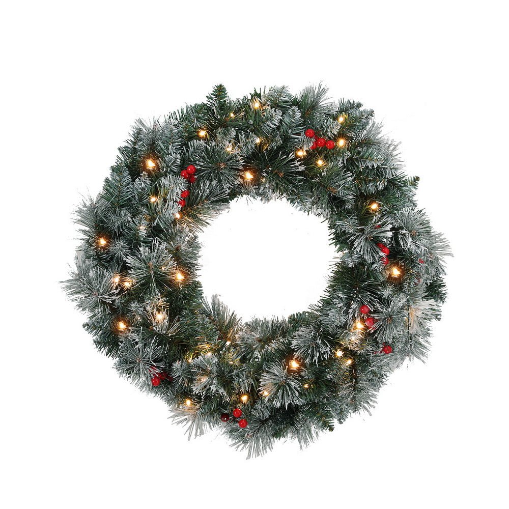 60cm Christmas Wreath LED Lights Snowy Flowers Garland Party Decor - Occasions > Christmas > Christmas Wreaths & Garlands - Bedzy Australia