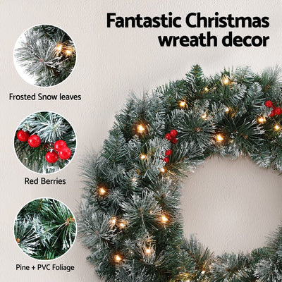 60cm Christmas Wreath LED Lights Snowy Flowers Garland Party Decor - Occasions > Christmas > Christmas Wreaths & Garlands - Bedzy Australia