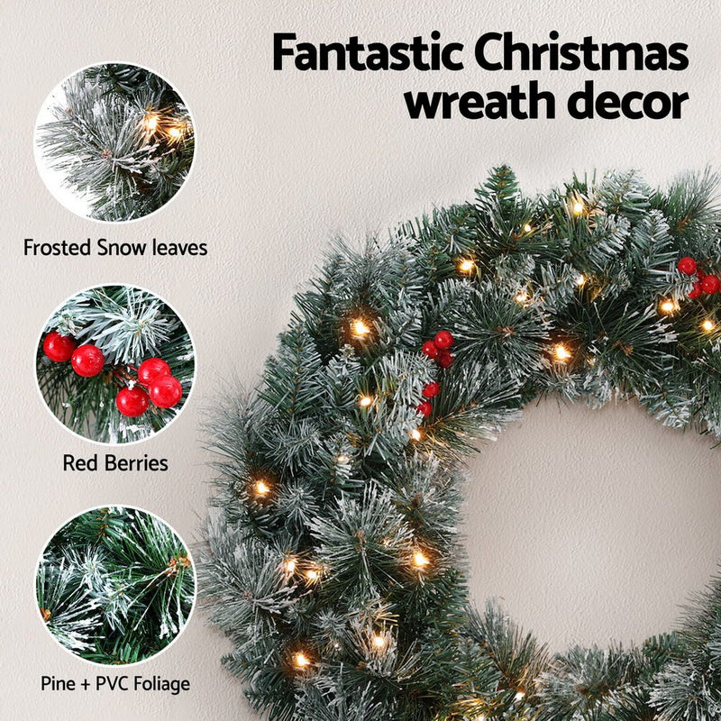 60cm Christmas Wreath LED Lights Snowy Flowers Garland Party Decor - Occasions > Christmas > Christmas Wreaths & Garlands - Bedzy Australia