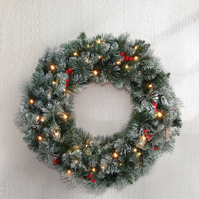 60cm Christmas Wreath LED Lights Snowy Flowers Garland Party Decor - Occasions > Christmas > Christmas Wreaths & Garlands - Bedzy Australia