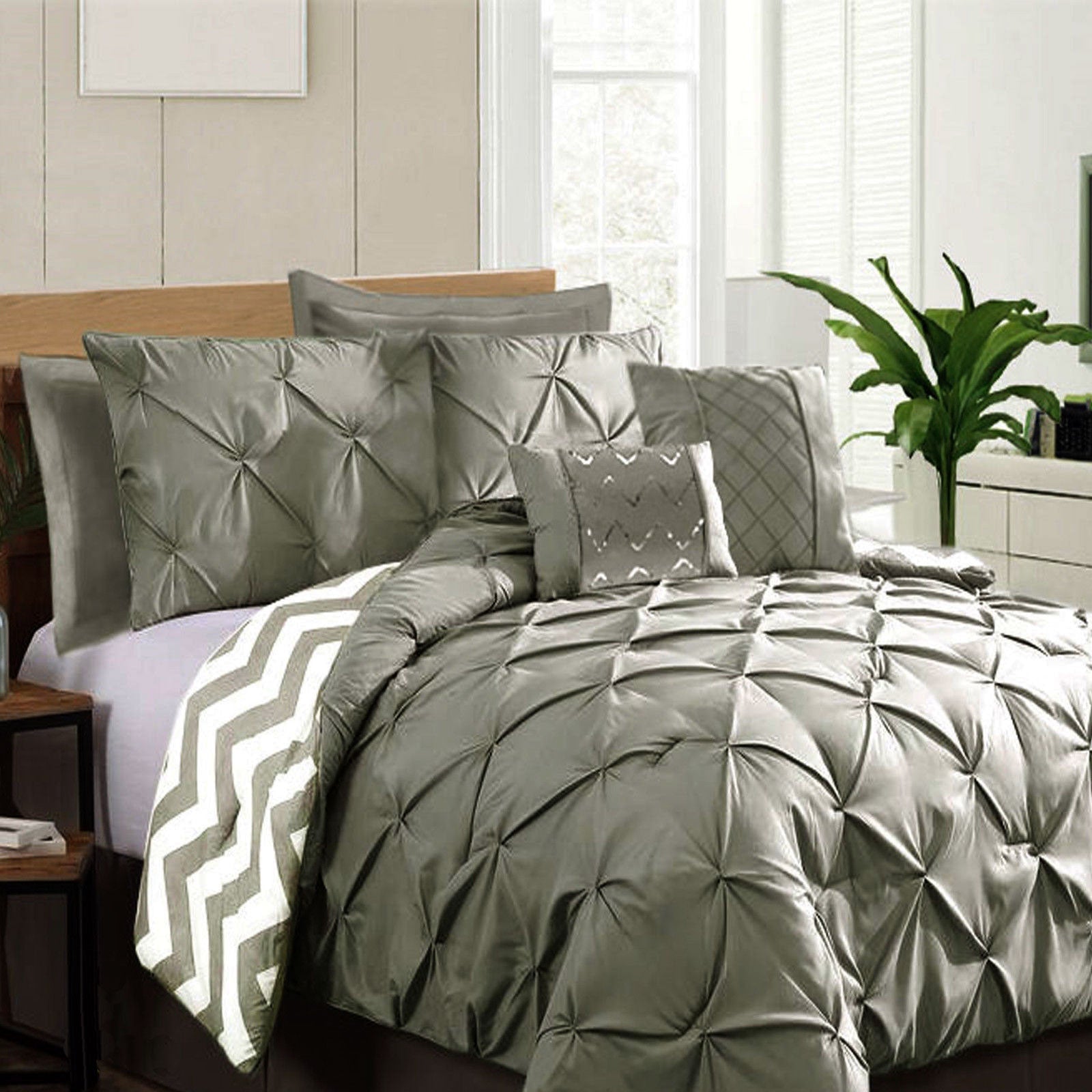 7 Piece Pinch Pleat Comforter Set Grey King - Home & Garden > Bedding - Bedzy Australia