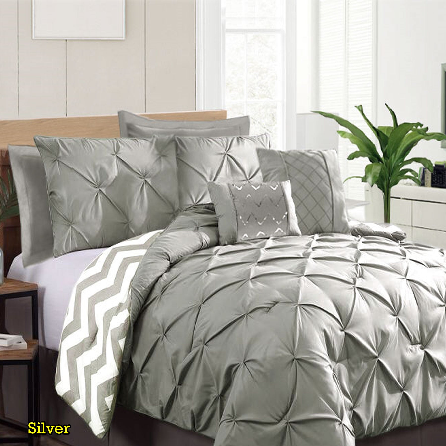 7 Piece Pinch Pleat Comforter Set Silver King - Home & Garden > Bedding - Bedzy Australia