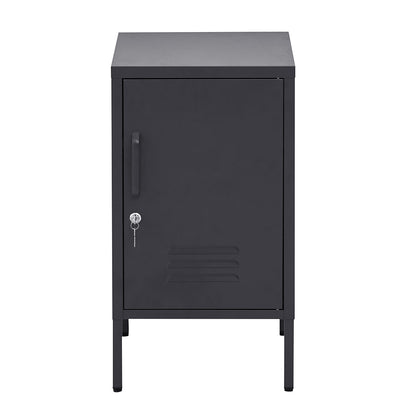 Bedside Table Metal Cabinet - Black with locker-style door, lock and key, standing on four slim legs on white background