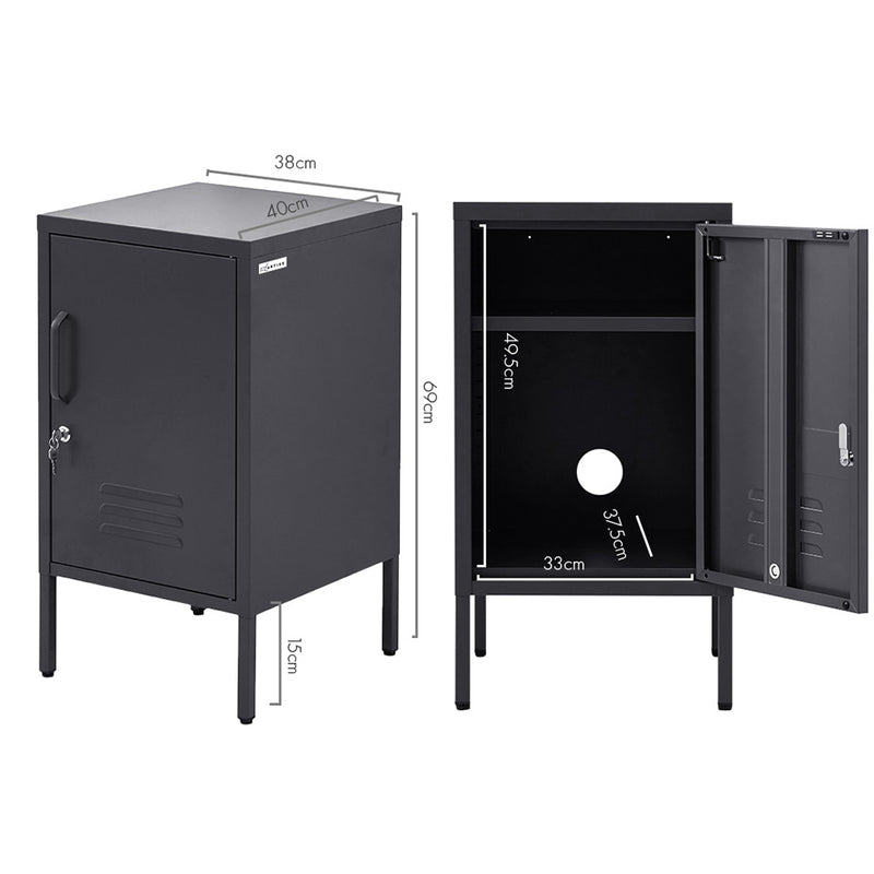Bedside Table Metal Cabinet - Black with lockable door, ventilation slots, internal shelf and metal legs shown with dimensions