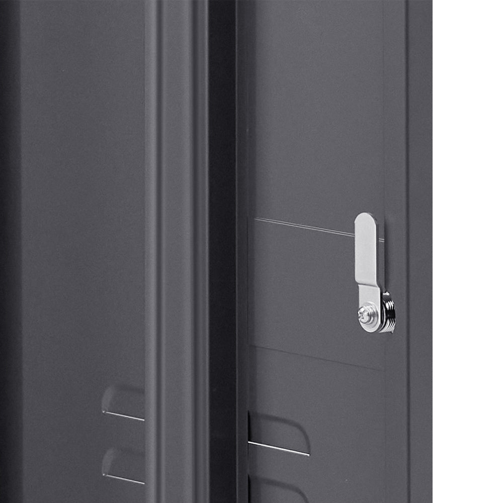 Close-up of Bedside Table Metal Cabinet - Black showing charcoal metal surface and silver latch lock detail.