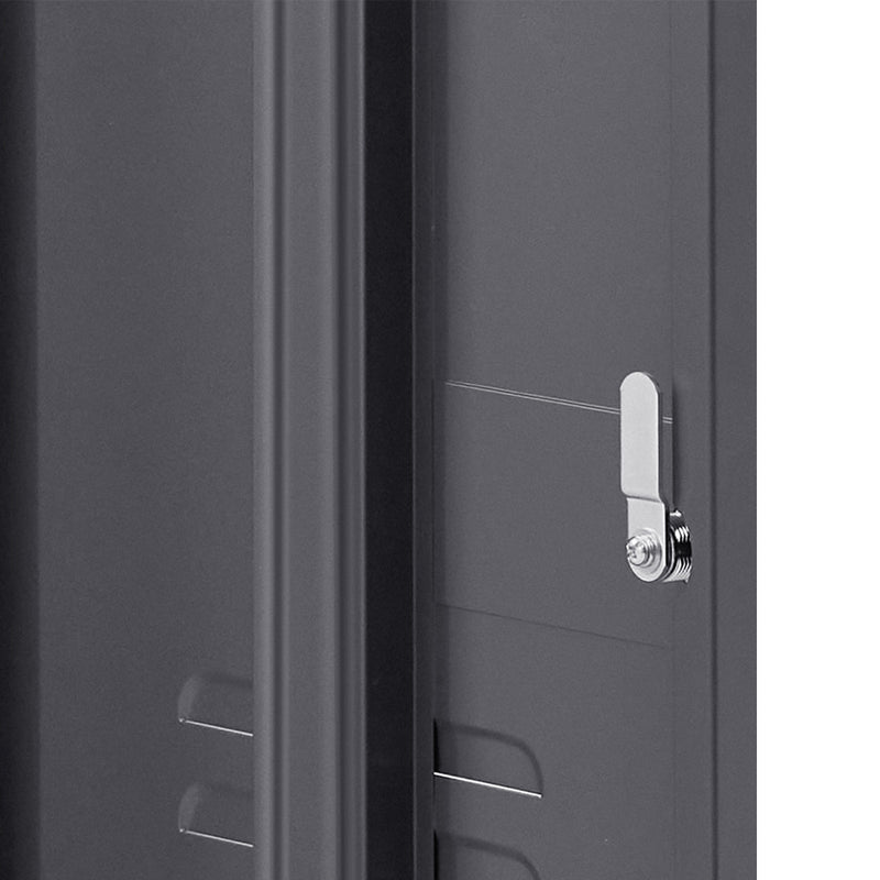 Close-up of Bedside Table Metal Cabinet - Black showing charcoal metal surface and silver latch lock detail.