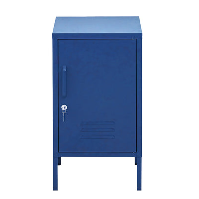Bedside Table Metal Cabinet - Blue with locker-style door, lock and key, standing on four legs against white background