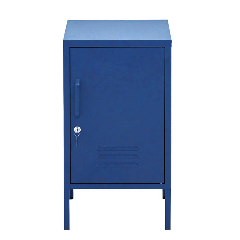 Bedside Table Metal Cabinet - Blue with locker-style door, lock and key, standing on four legs against white background