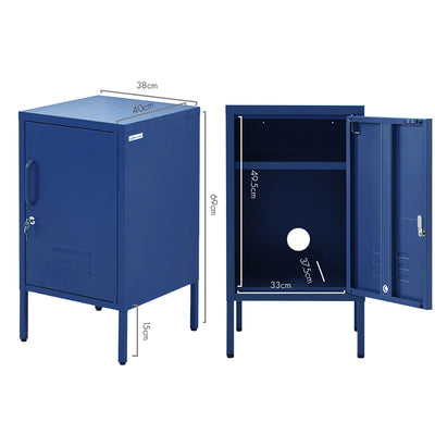Bedside Table Metal Cabinet - Blue with locking door, ventilation, and internal shelf, shown closed and open with dimensions