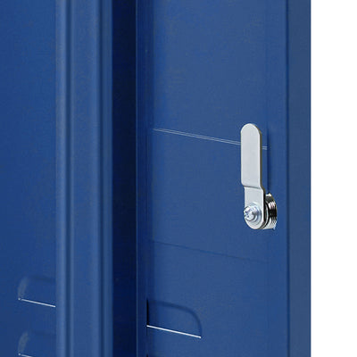 Close-up of metal latch on Bedside Table Metal Cabinet - Blue showing midnight blue finish and locker-style detail