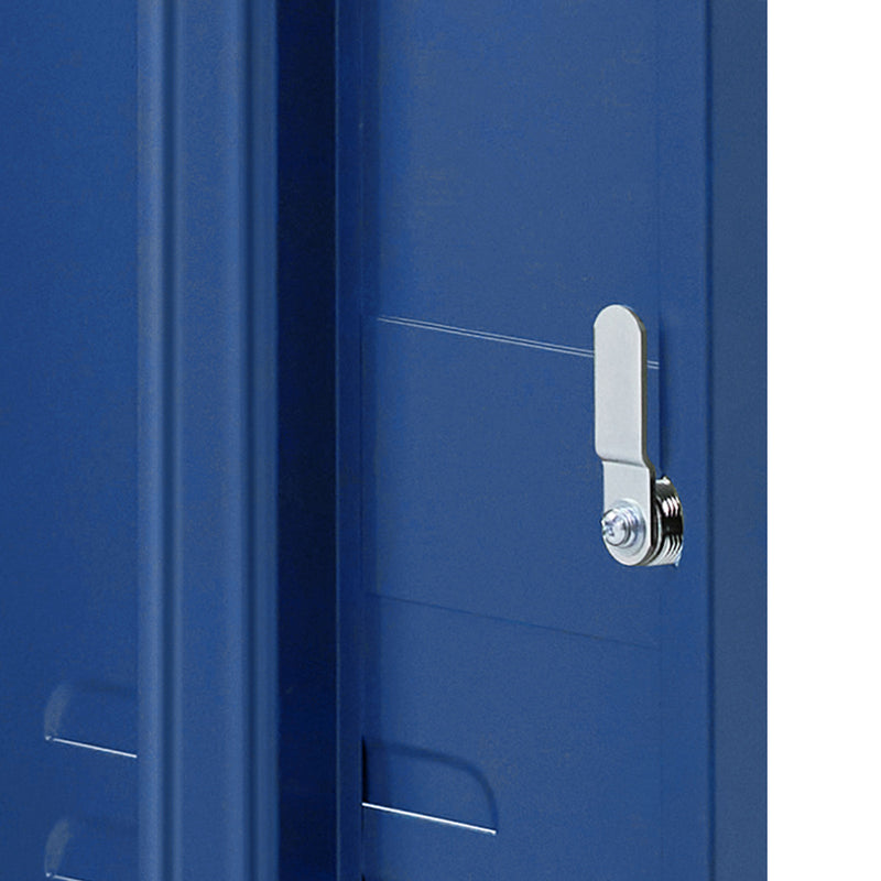 Close-up of metal latch on Bedside Table Metal Cabinet - Blue showing midnight blue finish and locker-style detail