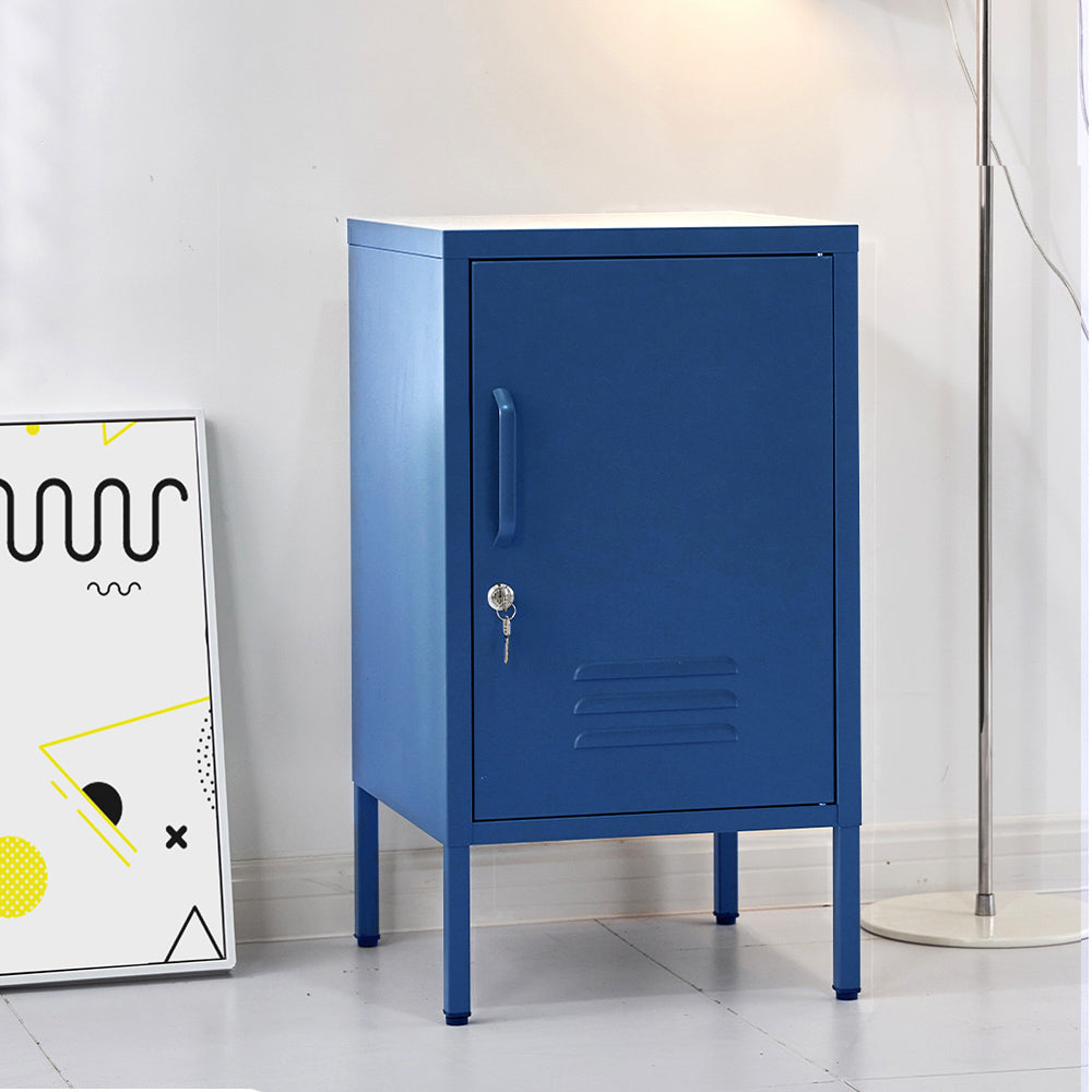 Bedside Table Metal Cabinet - Blue with locker style door, lock and key, standing on four legs in a bedroom setting