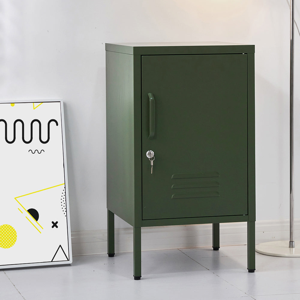 Bedside Table Metal Cabinet - Green with locker-style metal door, key lock, and slim green frame in modern bedroom setting