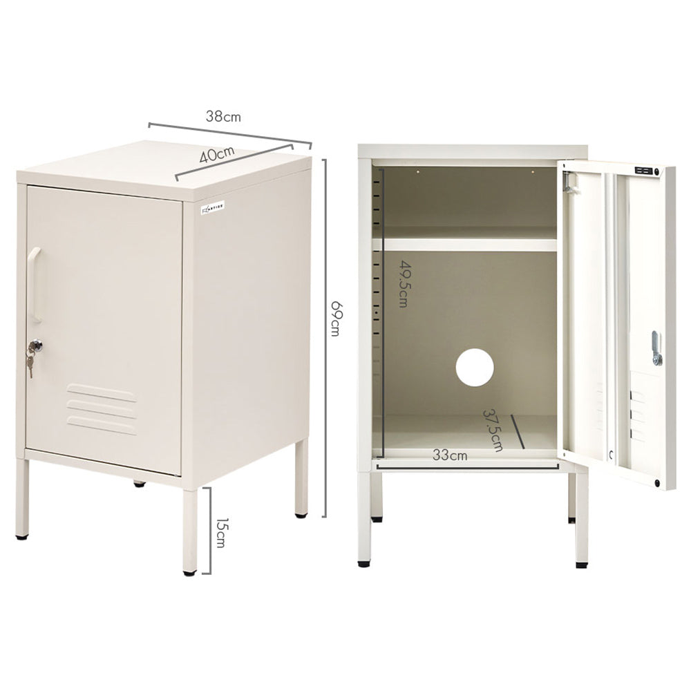 Metal Locker Style Bedside Table - White with lockable door, shelf, ventilation slits, and raised metal legs shown open and closed