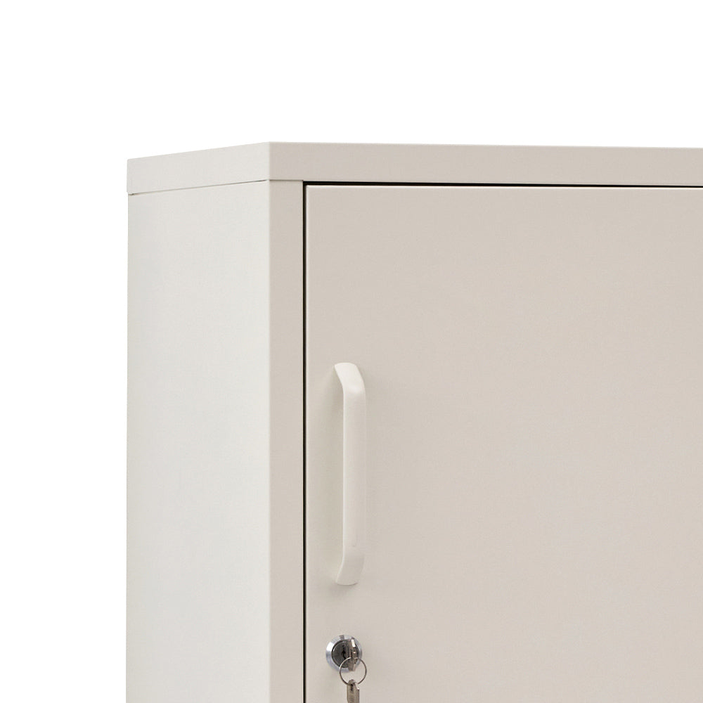 Metal Locker Style Bedside Table - White with lockable door and minimalist handle, perfect for bedroom furniture storage.