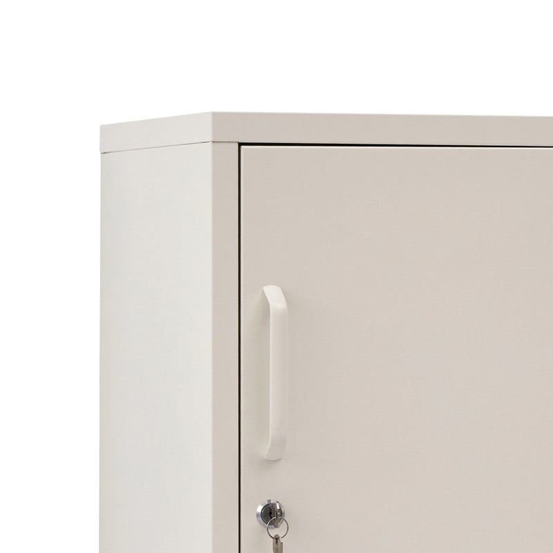 Metal Locker Style Bedside Table - White with lockable door and minimalist handle, perfect for bedroom furniture storage.