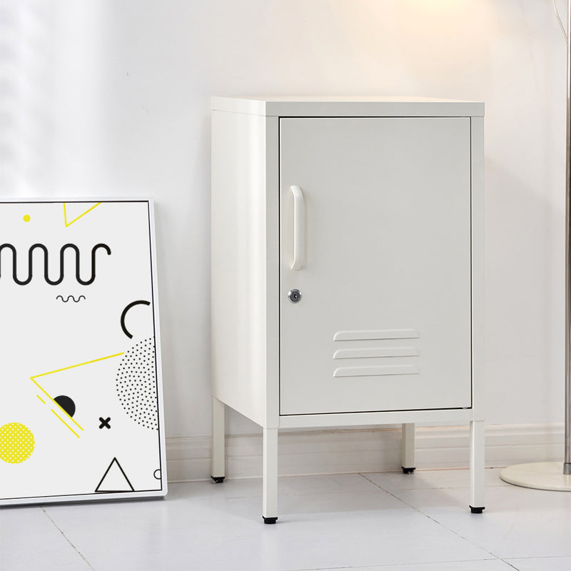 Metal Locker Style Bedside Table - White with single door, metal handle, locker vents, and elevated legs in bedroom setting