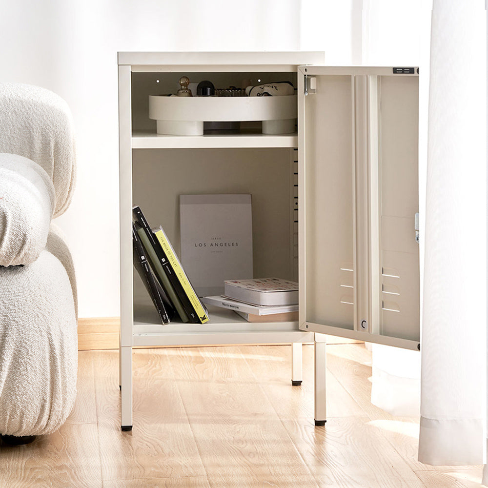 Metal Locker Style Bedside Table - White with open door, showing books and decorative items inside on wooden floor