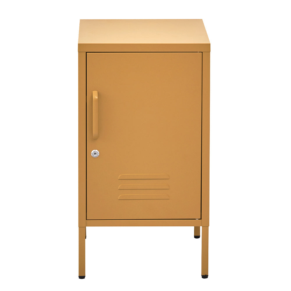 Metal Locker Style Bedside Table - Yellow with single door, handle, and ventilation slats on four legs against white background